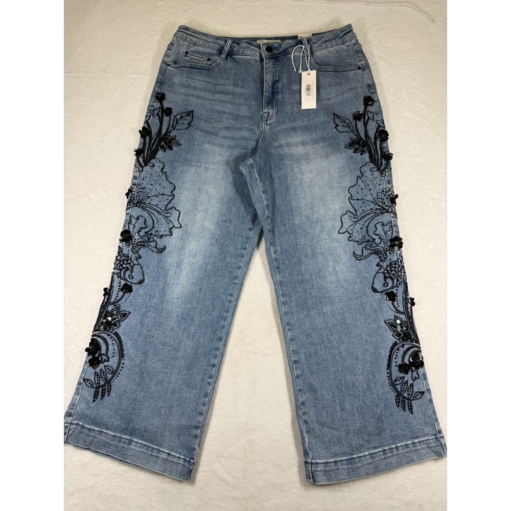 Tribal Jeans Brooke High Rise‎ Girlfriend Wide Embroidered Ankle Jeans 16 Blue